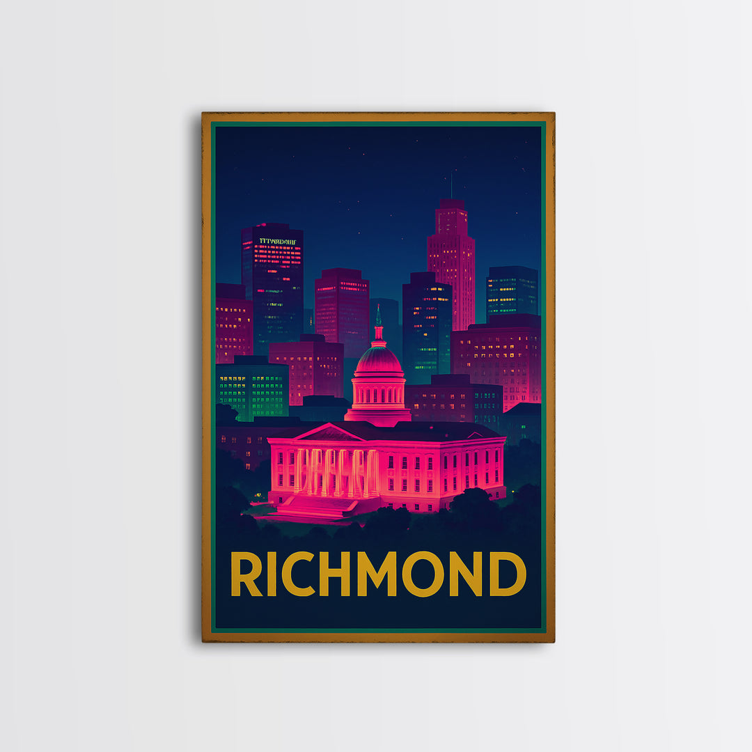 Richmond Travel Poster, Canvas Print, Neon Cityscape Wall Art, Richmond Art Print, Travel Wall Decor, Travel Wall Art, City Illustration