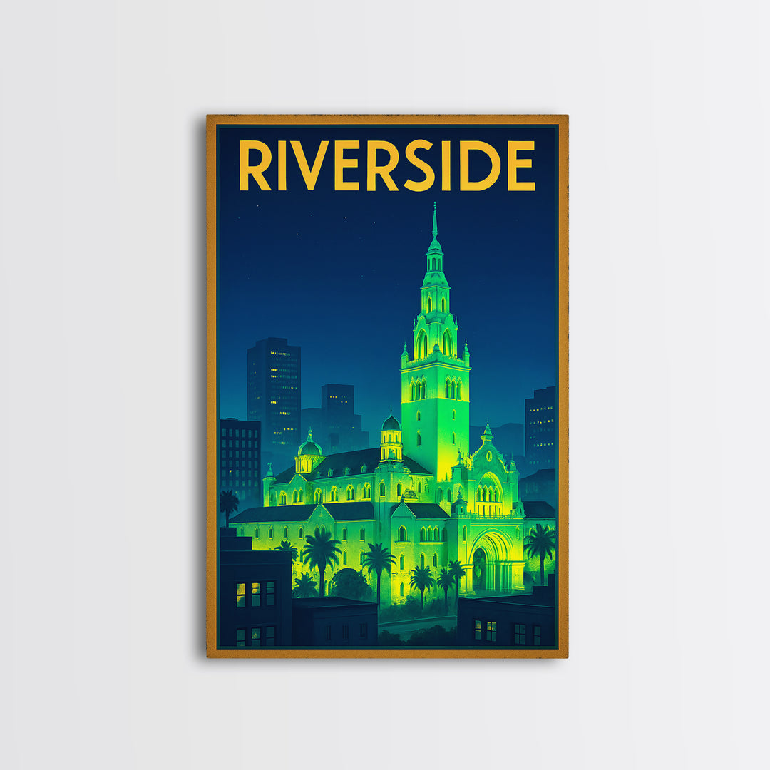 Riverside Travel Poster, Canvas Print, Neon City Skyline Wall Art, Riverside City Art, Living Room Wall Art, Eclectic Wall Decor, Wall Art