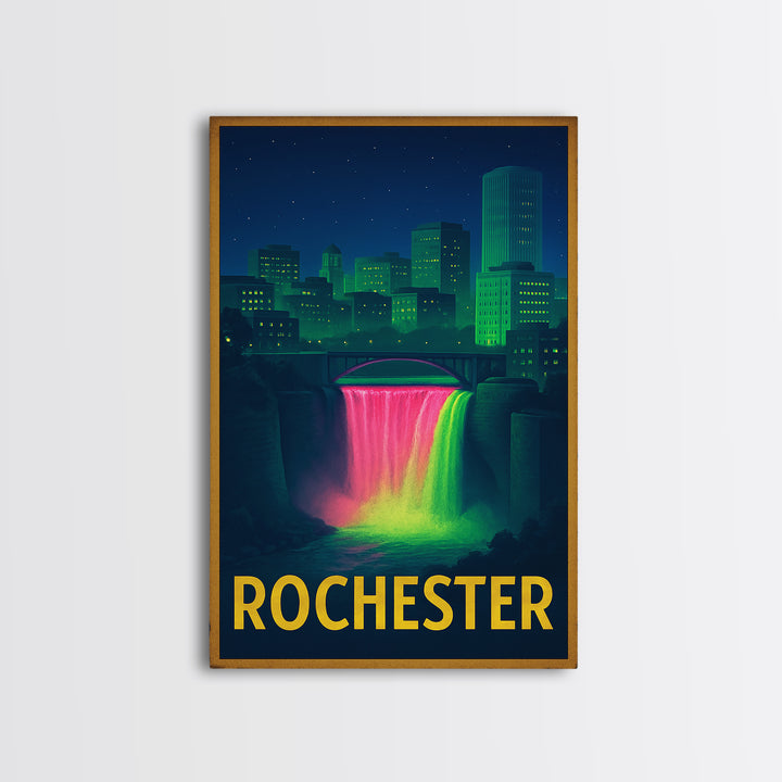 Rochester New York Travel Poster, Framed Canvas Print, Retro Neon Travel Art, Rochester Art Print, Mid Century Wall Art, Eclectic Wall Decor