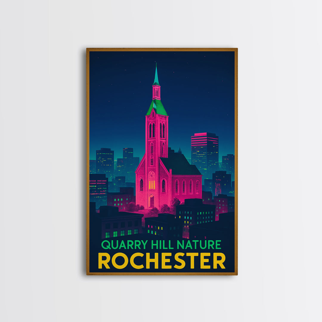 Rochester Travel Poster, Canvas Print, Retro Neon Travel Art, Rochester Art Print, Travel Wall Decor, Gift For Travelers, Travel Wall Art
