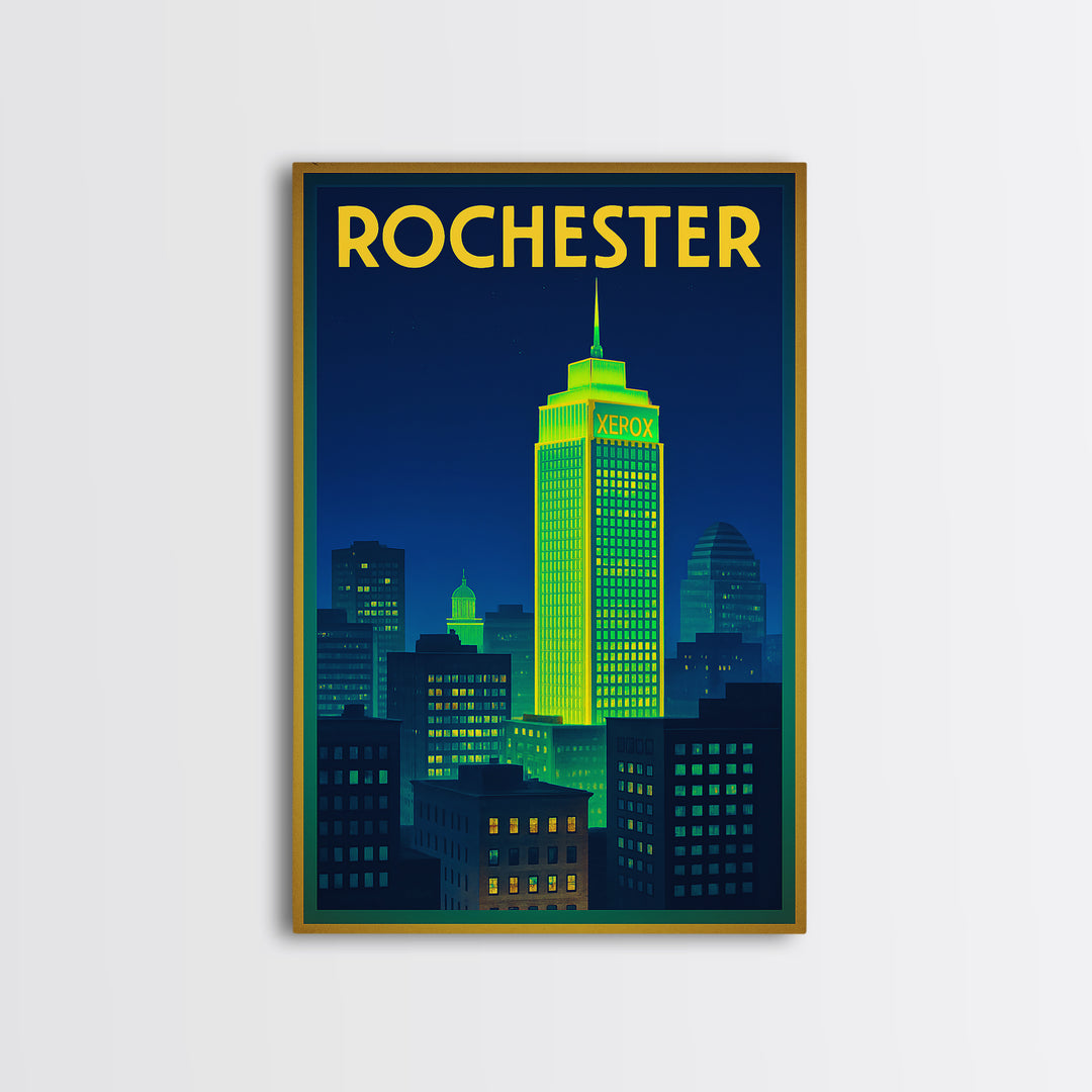 Rochester Travel Poster, Framed Canvas Print, Electric Night Poster Art, Rochester Travel Art, Wanderlust Decor, Watercolor Skyline Art