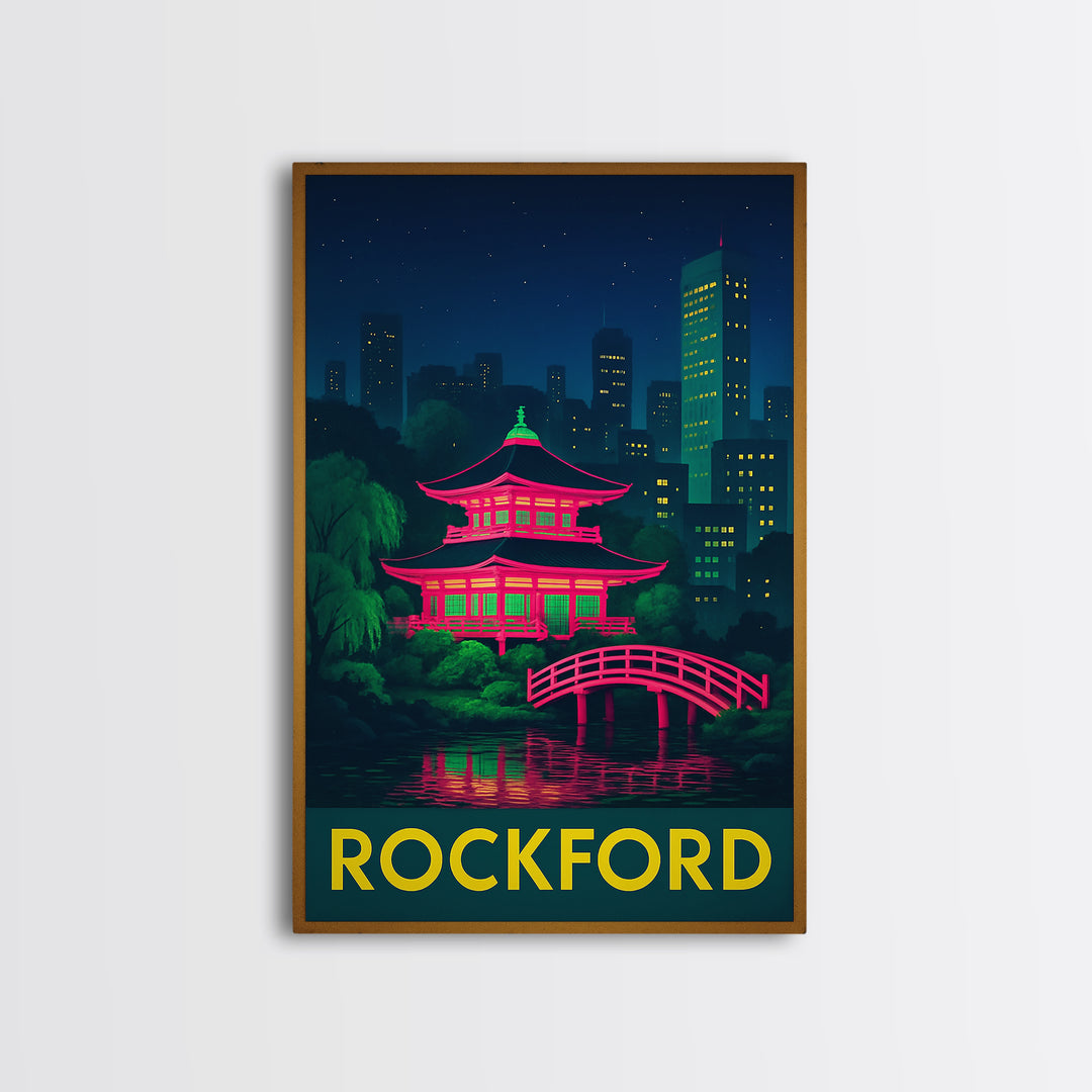 Rockford Illinois Travel Poster, Canvas Print, Retro Neon Travel Art, Rockford Art Print, Wanderlust Decor, Mid Century Wall Art, Travel Art