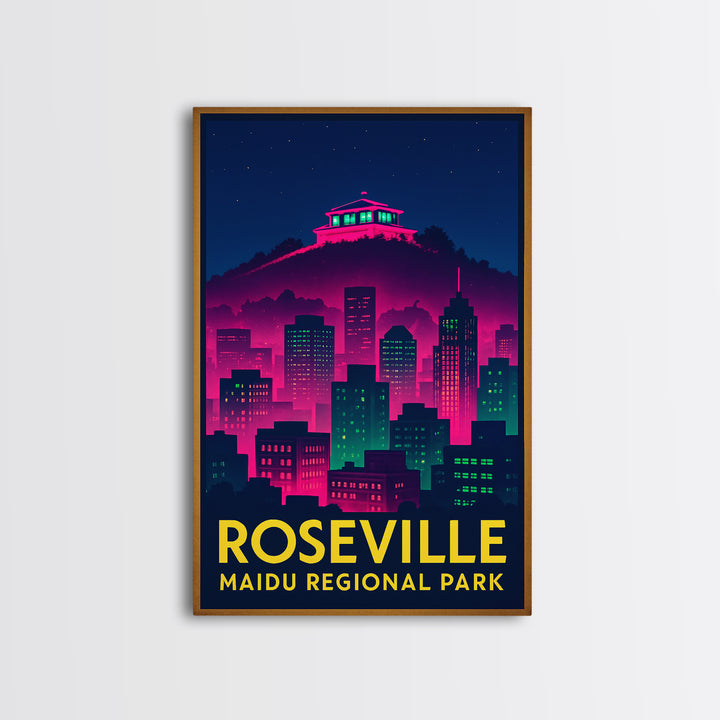Roseville California Travel Poster, Framed Canvas Print, Neon Skyline Wall Art, Roseville Travel Art, Eclectic Wall Decor, Travel Wall Decor