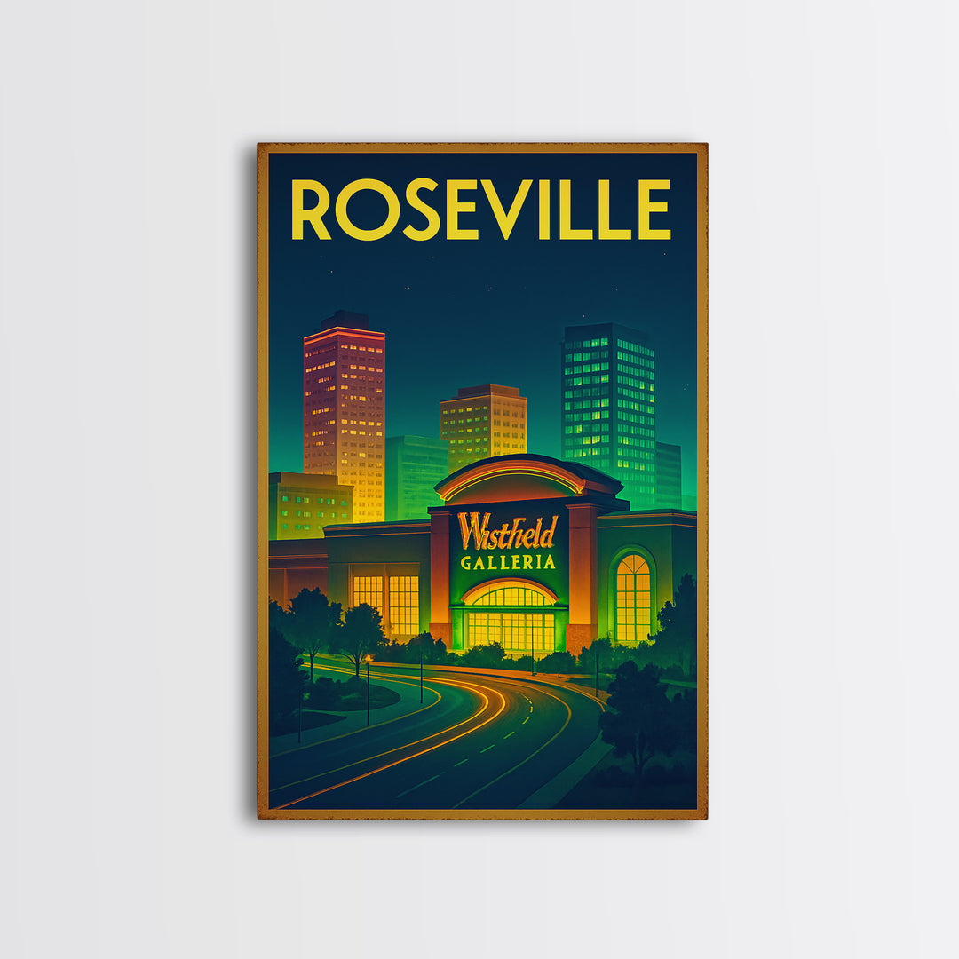 Roseville Travel Poster, Framed Canvas Print, Neon Skyline Art Wall Art, Roseville Poster Print, Home Office Decor, City Illustration