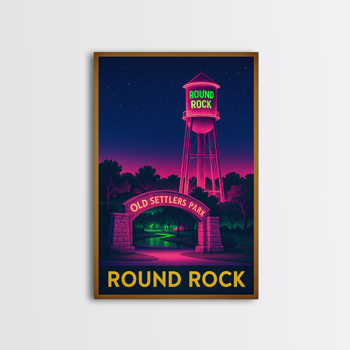 Round Rock Texas Travel Poster, Canvas Print, Electric Night Poster Art, Round Rock City Art, Watercolor Downtown Skyline, Travel Poster Art
