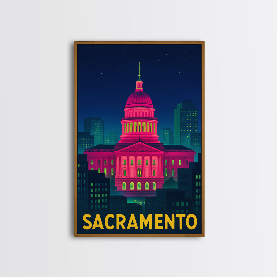 Sacramento California Travel Poster, Canvas Print, Electric Night Poster Art, Sacramento Wall Art, Vintage Travel Art, Living Room Wall Art