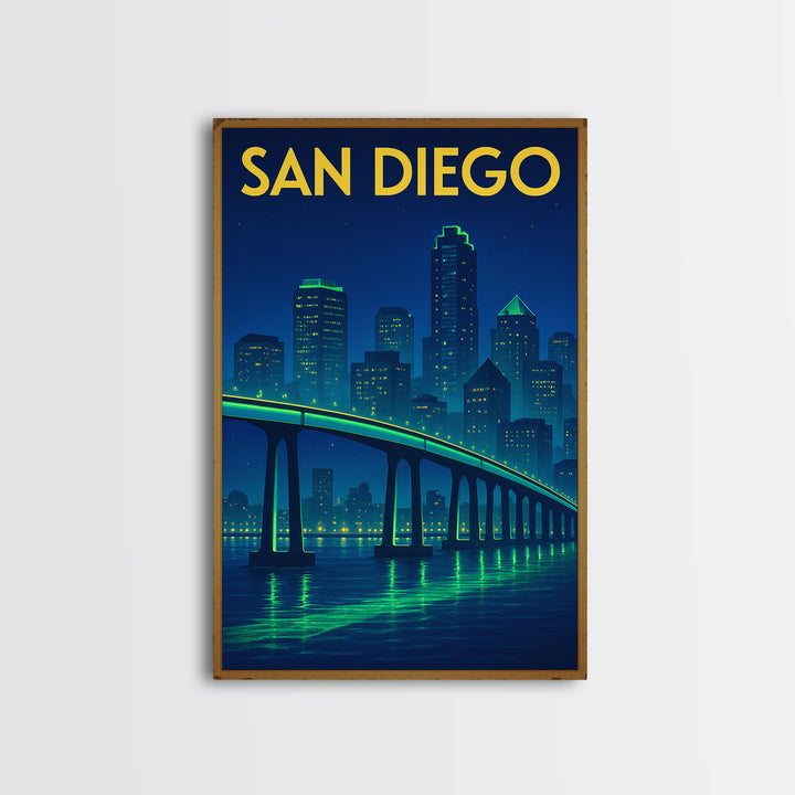 San Diego Travel Poster, Framed Canvas Print, Electric Night Poster Art, San Diego Wall Art, Retro Travel Print, Travel Wall Art