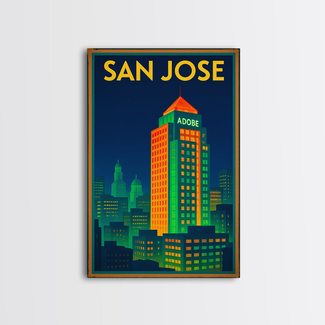 San Jose California Travel Poster, Framed Canvas Print, Cyberpunk Style City Art, San Jose Art Print, Wanderlust Decor, Travel Poster Set