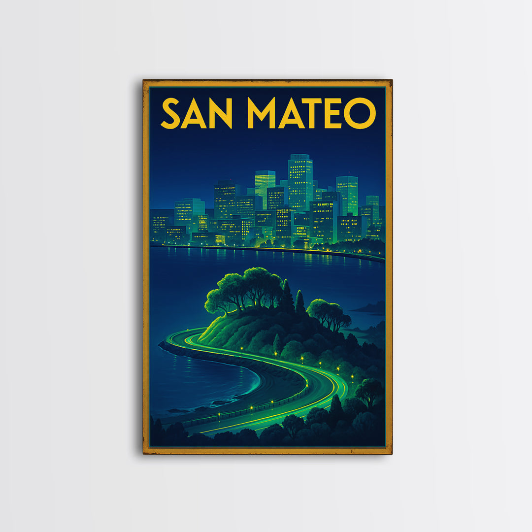 San Mateo Travel Poster, Framed Canvas Print, Electric Night Poster Art, San Mateo Wall Art, Vintage Travel Print, Vintage City Art