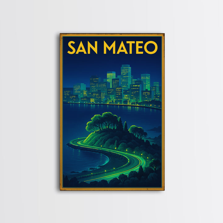 San Mateo Travel Poster, Framed Canvas Print, Electric Night Poster Art, San Mateo Wall Art, Vintage Travel Print, Vintage City Art