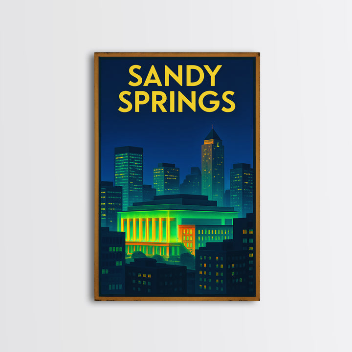 Sandy Springs Travel Poster, Canvas Print, Retro Neon Travel Art, Sandy Springs Travel Art, Travel Poster Set, Watercolor Downtown Skyline