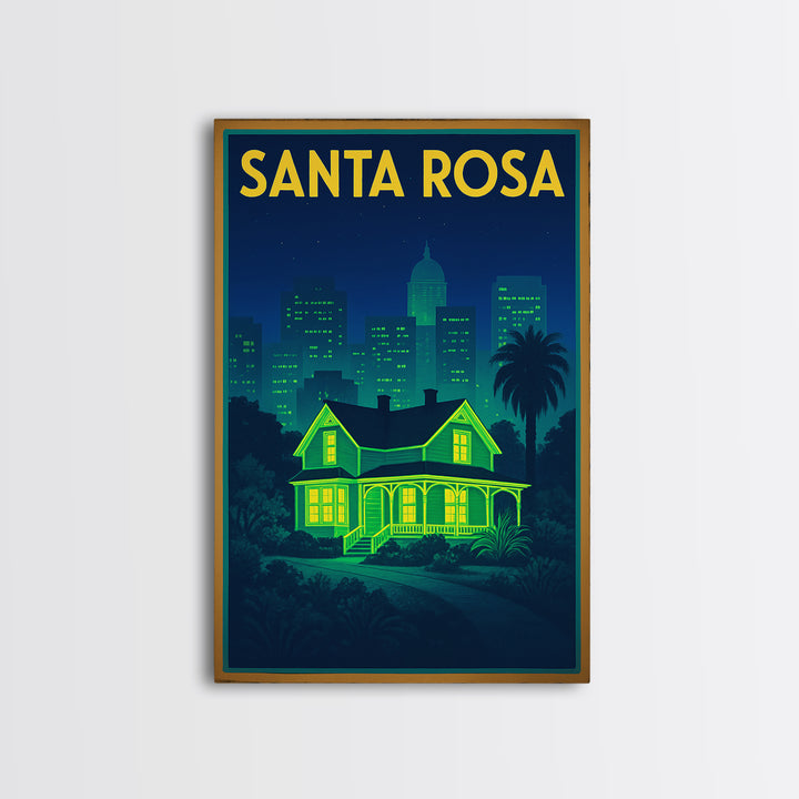 Santa Rosa Travel Poster, Canvas Print, Retro Neon Travel Art, Santa Rosa City Art, Eclectic Wall Decor, Watercolor Skyline, Wall Art