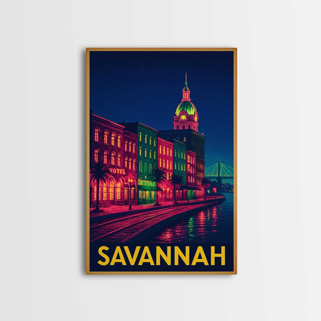 Savannah Georgia Travel Poster, Framed Canvas Print, Cyberpunk Style City Art, Savannah Wall Art, Retro Travel Print, Vintage Travel Print