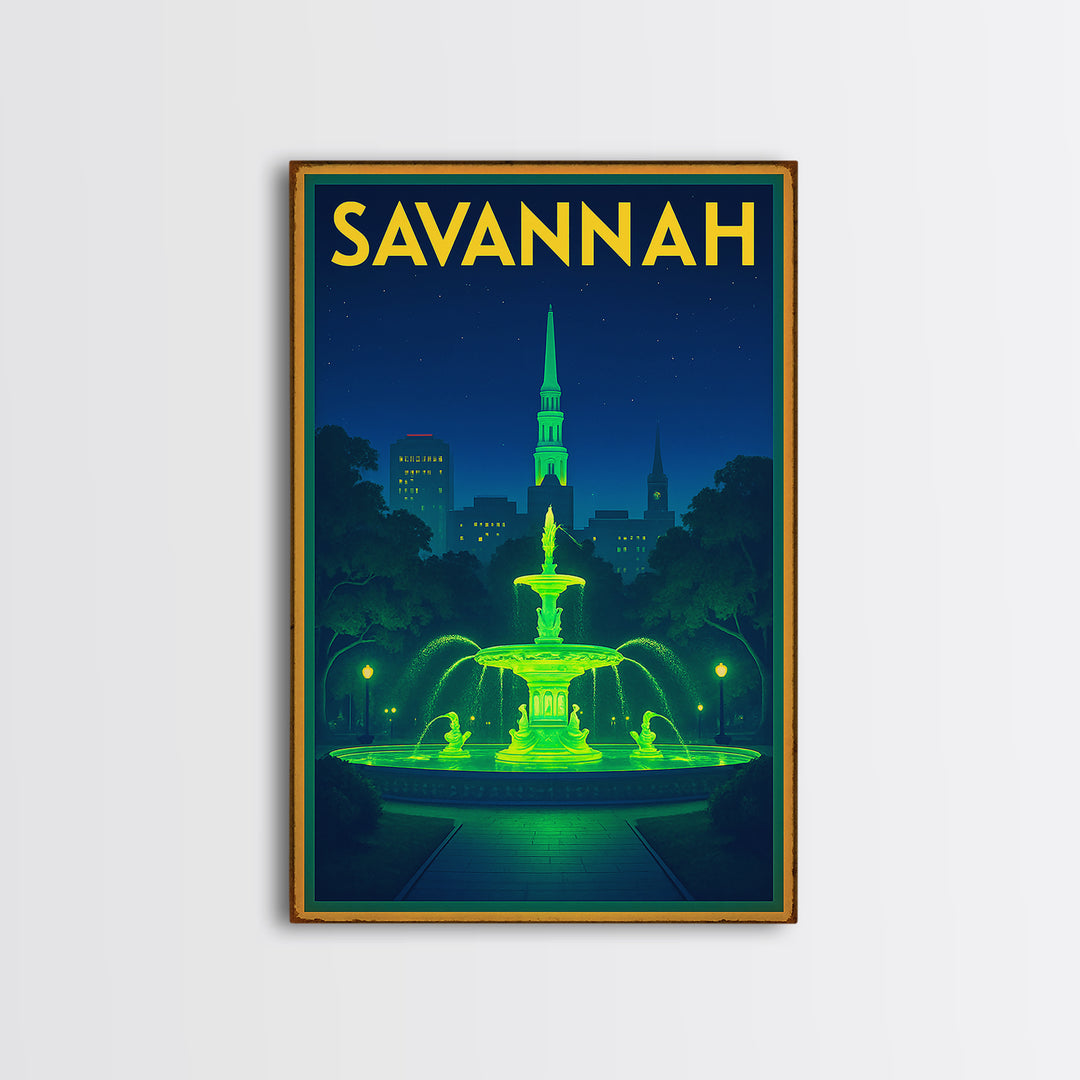 Savannah Travel Poster, Framed Canvas Print, Neon Skyline Wall Art, Savannah Wall Art, Gift For Travelers, Living Room Wall Art