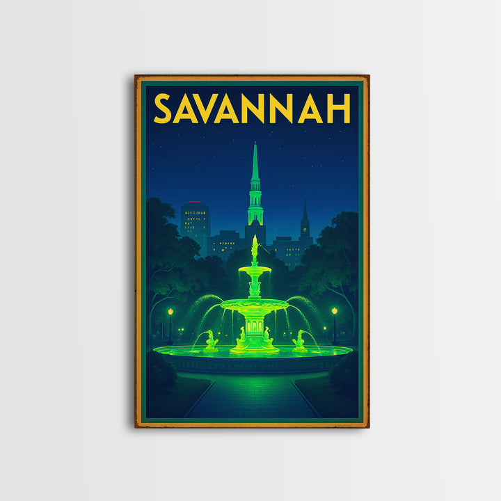 Savannah Travel Poster, Framed Canvas Print, Neon Skyline Wall Art, Savannah Wall Art, Gift For Travelers, Living Room Wall Art