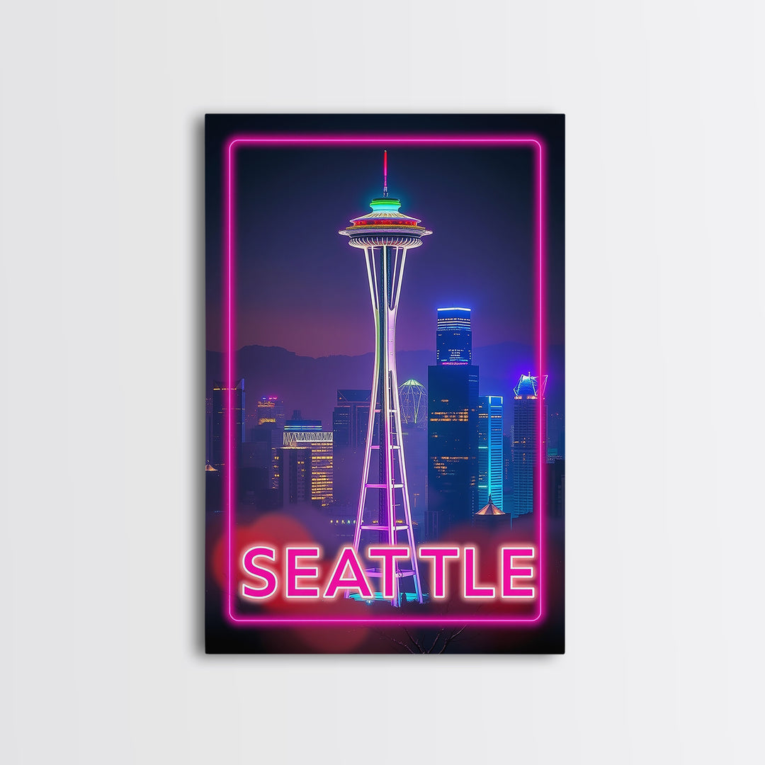 Seattle Washington Travel Poster, Canvas Print, Cyberpunk Style City Art, Seattle City Art, Wanderlust Decor, Travel Art Print, Wall Art
