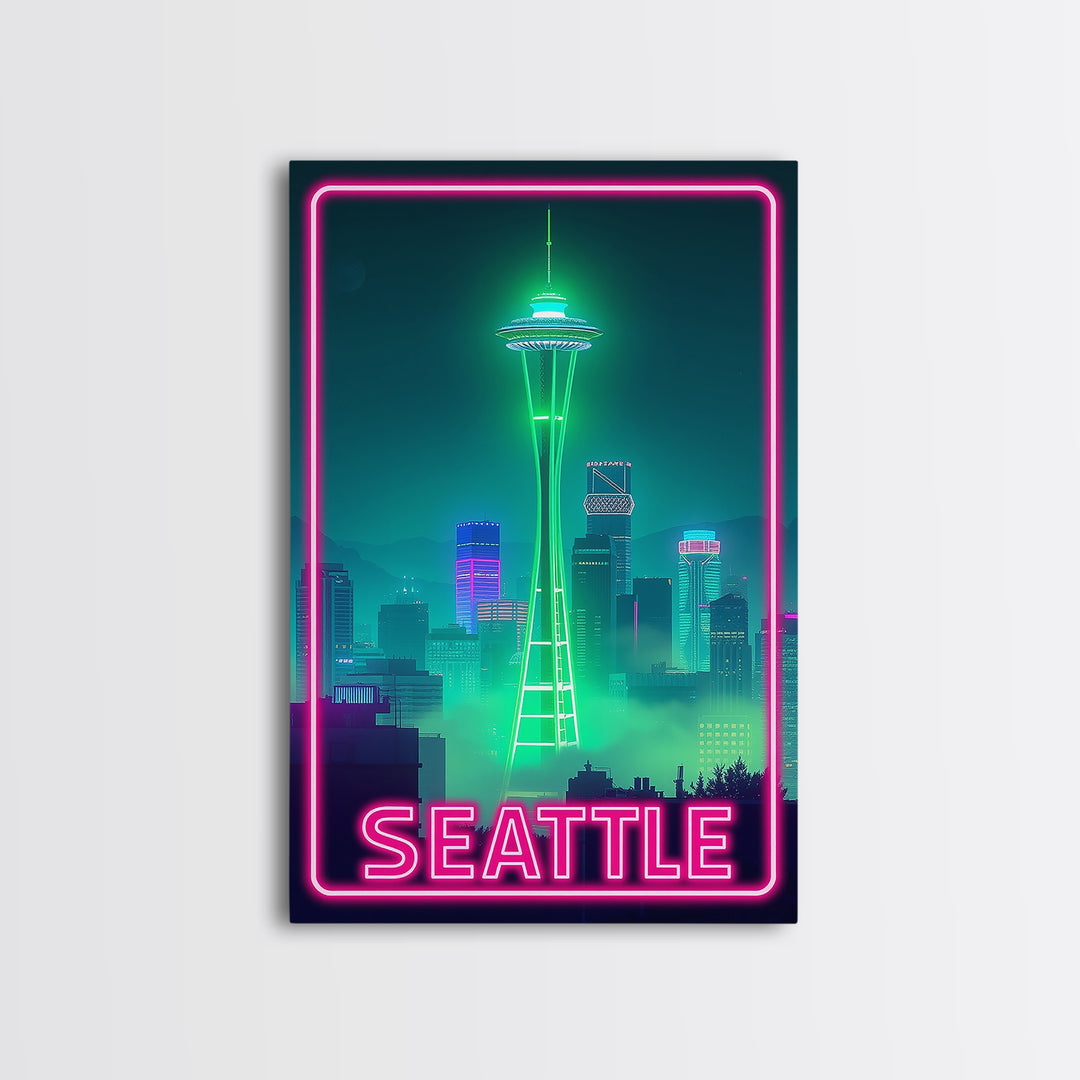 Seattle Travel Poster, Canvas Print, Electric Night Poster Art, Seattle Art Print, Vintage City Poster, Retro Travel Print, City Poster