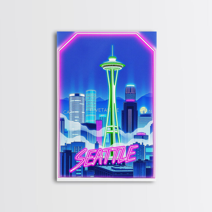 Seattle Travel Poster, Canvas Print, Cyberpunk Style City Art, Seattle City Art, Watercolor Skyline, City Travel Prints, Travel Wall Art