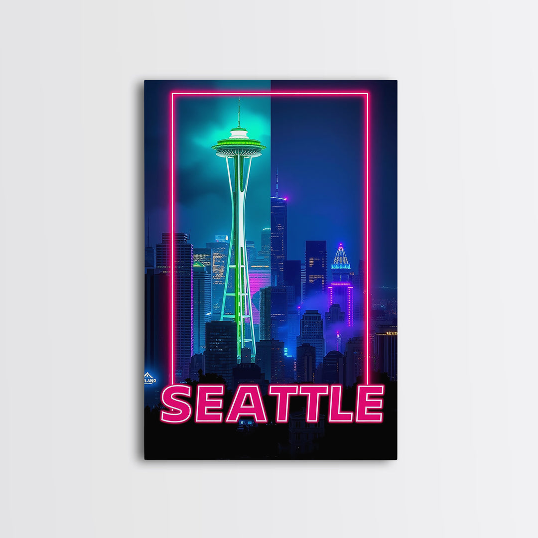 Seattle Travel Poster, Framed Canvas Print, Retro Neon Travel Art, Seattle City Art, Modern Wall Decor, Travel Wall Decor, Fine Art Print