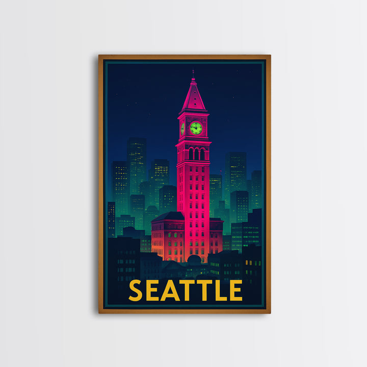 Seattle Travel Poster, Framed Canvas Print, Cyberpunk Style City Art, Seattle Wall Art, Travel Wall Art, Vintage Travel Print, Design 5