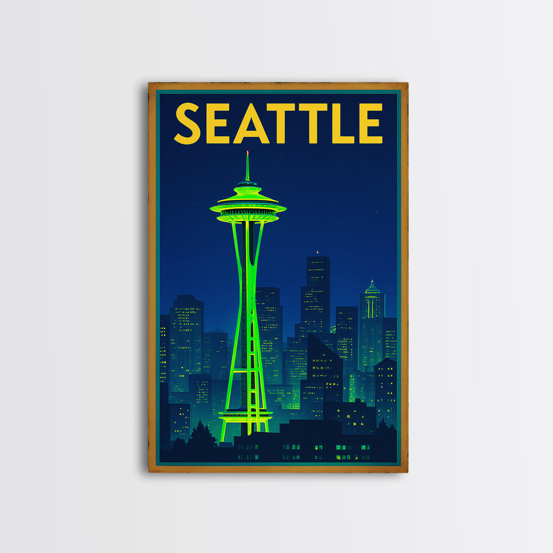 Seattle Travel Poster, Framed Canvas Print, Cyberpunk Style City Art, Seattle City Art, Wanderlust Decor, Retro Travel Print, Design 6
