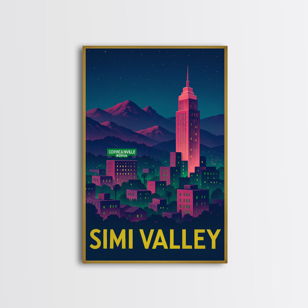 Simi Valley California Travel Poster, Canvas Print, Neon City Skyline Wall Art, Simi Valley Poster Print, Wall Decor, Travel Art Print