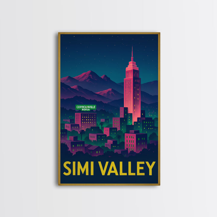 Simi Valley California Travel Poster, Canvas Print, Neon City Skyline Wall Art, Simi Valley Poster Print, Wall Decor, Travel Art Print