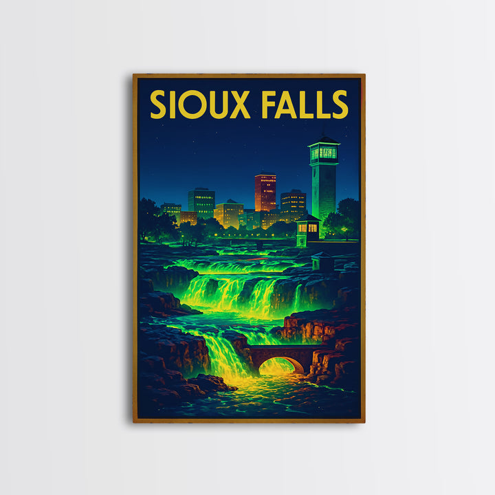 Sioux Falls Travel Poster, Canvas Print, Retro Neon Travel Art, Sioux Falls Poster Print, Living Room Wall Art, City Illustration