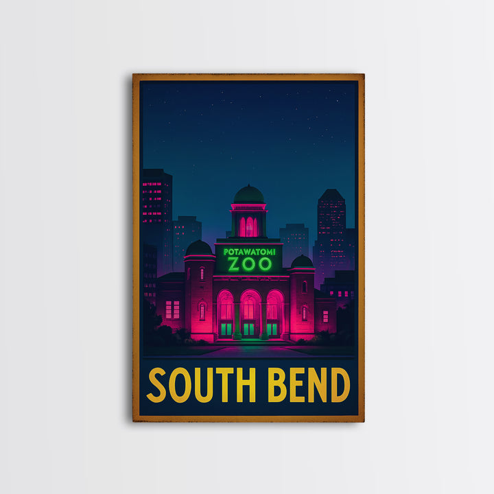 South Bend Indiana Travel Poster, Canvas Print, Neon Skyline Wall Art, South Bend City Art, Vintage Travel Print, Retro Travel Print