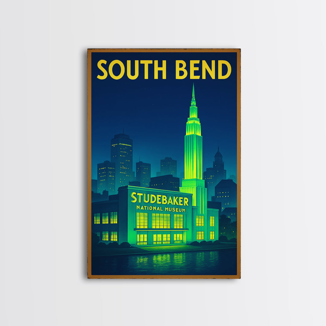 South Bend Travel Poster, Framed Canvas Print, Neon City Skyline Wall Art, South Bend Wall Art, Wanderlust Decor, Living Room Wall Art
