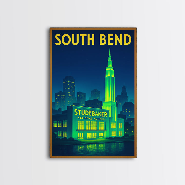 South Bend Travel Poster, Framed Canvas Print, Neon City Skyline Wall Art, South Bend Wall Art, Wanderlust Decor, Living Room Wall Art
