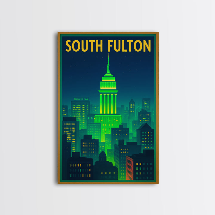 South Fulton Travel Poster, Canvas Print, Neon Urban Skyline Wall Art, South Fulton Art Print, Travel Poster Set, Living Room Wall Art