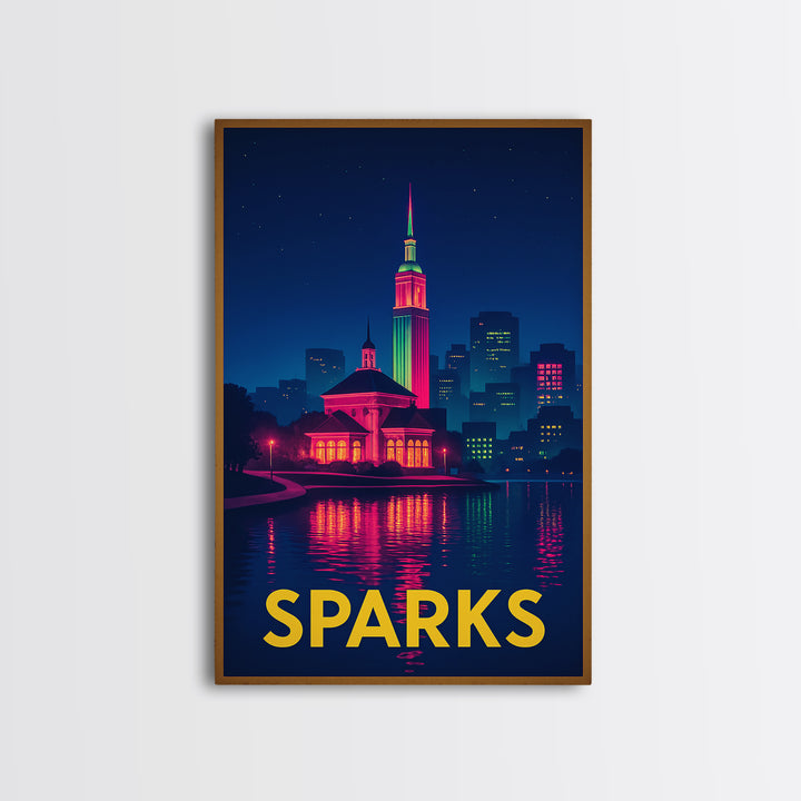 Sparks Nevada Travel Poster, Framed Canvas Print, Cyberpunk Style City Art, Sparks Poster Print, Travel Art Print, Mid Century Wall Art