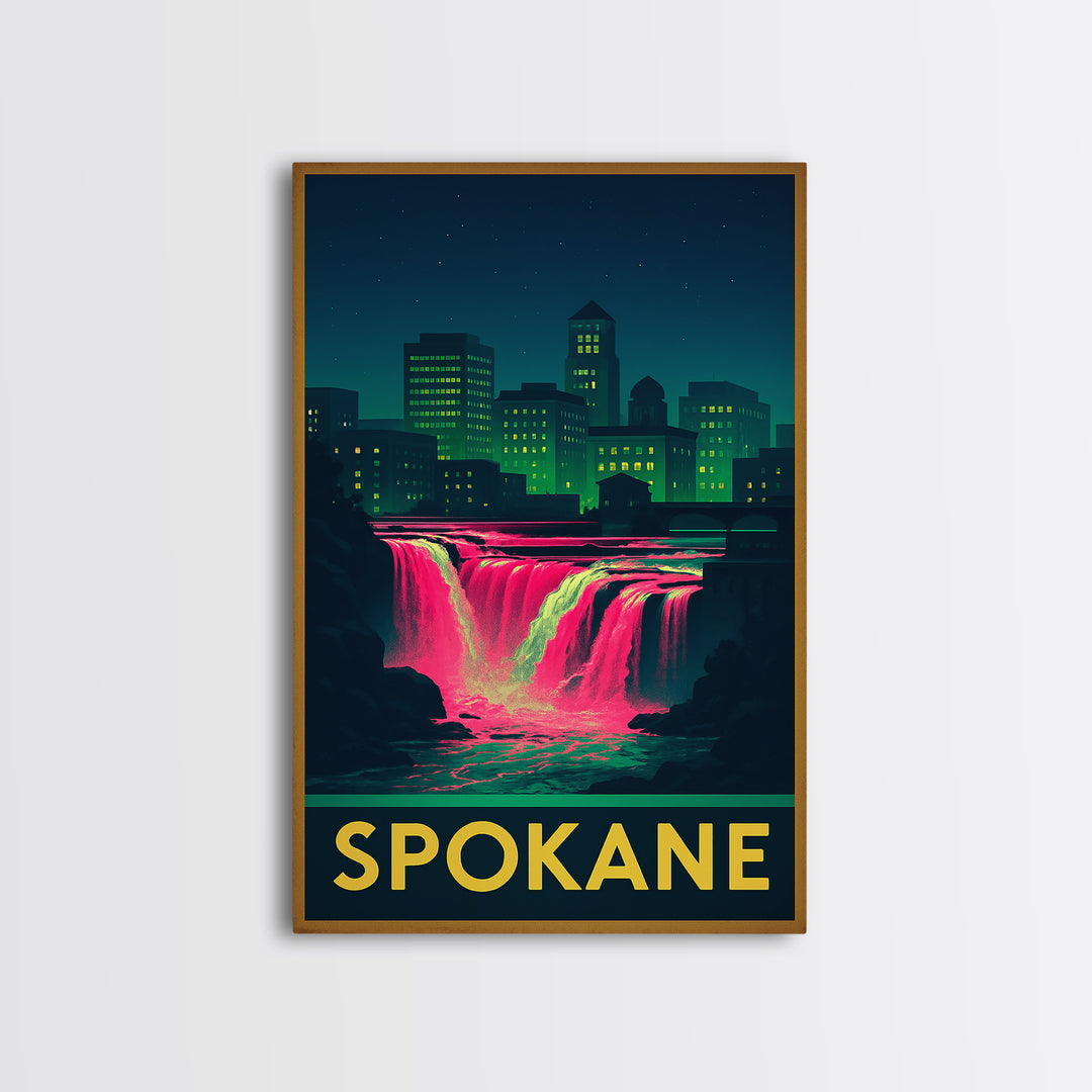 Spokane Washington Travel Poster, Canvas Print, Cyberpunk Style City Art, Spokane Poster Print, Mid Century Wall Art, Living Room Wall Art