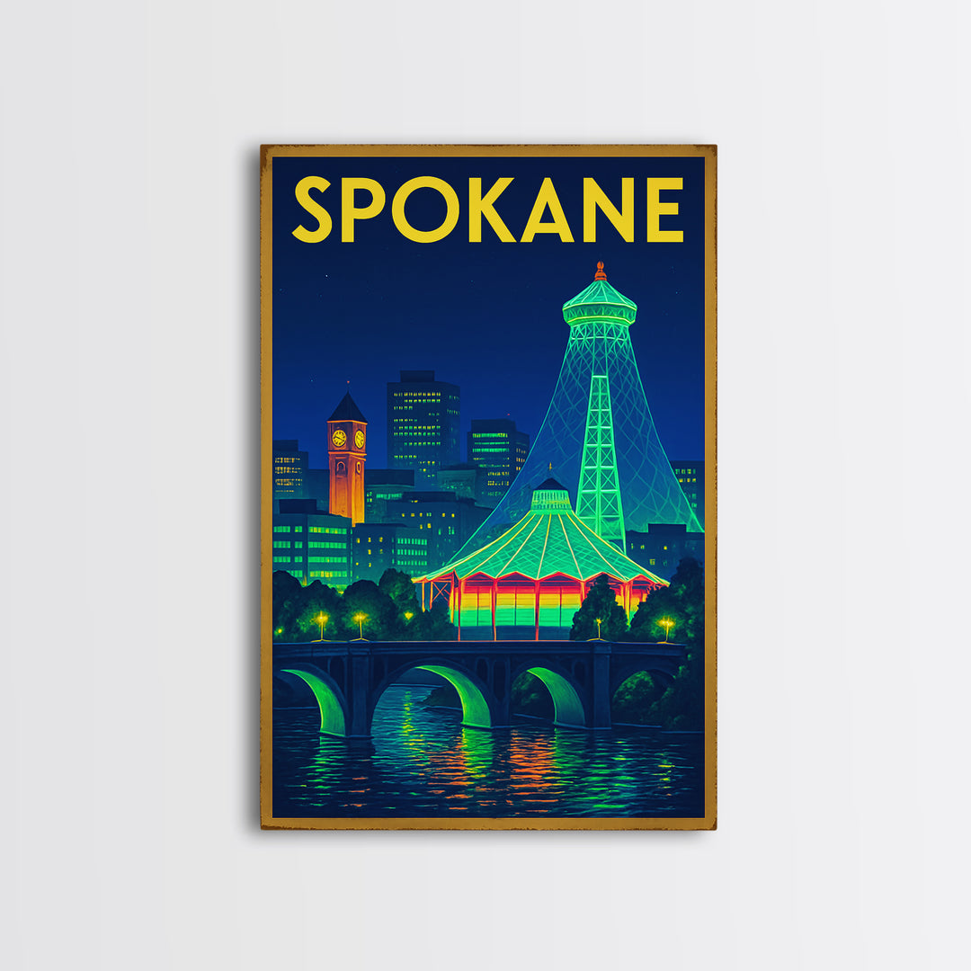 Spokane Travel Poster, Framed Canvas Print, Neon Skyline Wall Art, Spokane Travel Art, Travel Poster Set, Eclectic Wall Decor