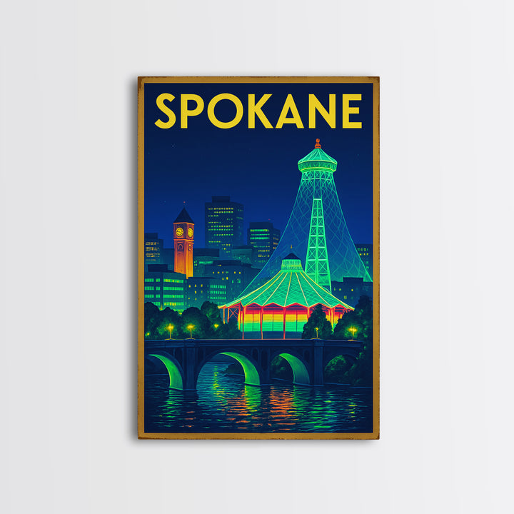 Spokane Travel Poster, Framed Canvas Print, Neon Skyline Wall Art, Spokane Travel Art, Travel Poster Set, Eclectic Wall Decor