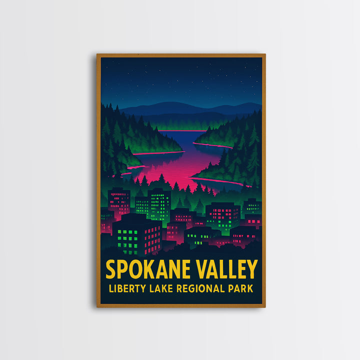 Spokane Valley Washington Travel Poster, Canvas Print, Electric Night Poster Art, Spokane Valley City Art, Travel Art Print