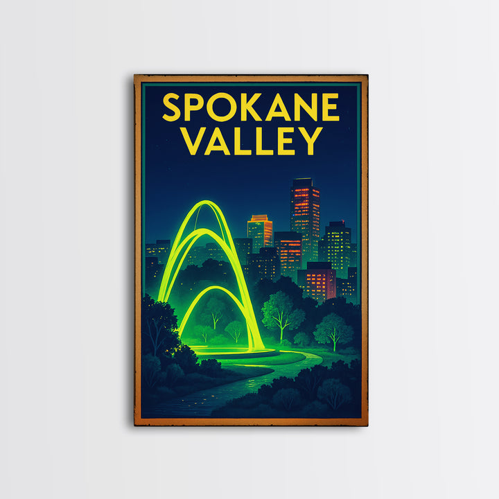 Spokane Valley Travel Poster, Framed Canvas Print, Cyberpunk Style City Art, Spokane Valley Wall Art, Vintage Travel Print, Retro Poster