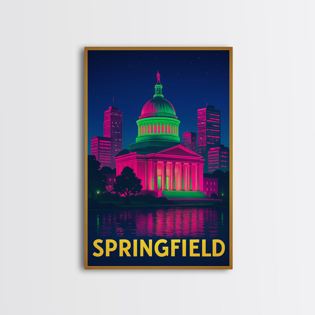 Springfield Travel Poster, Framed Canvas Print, Cyberpunk Style City Art, Springfield Travel Art, Fine Art Print, Mid Century Wall Art