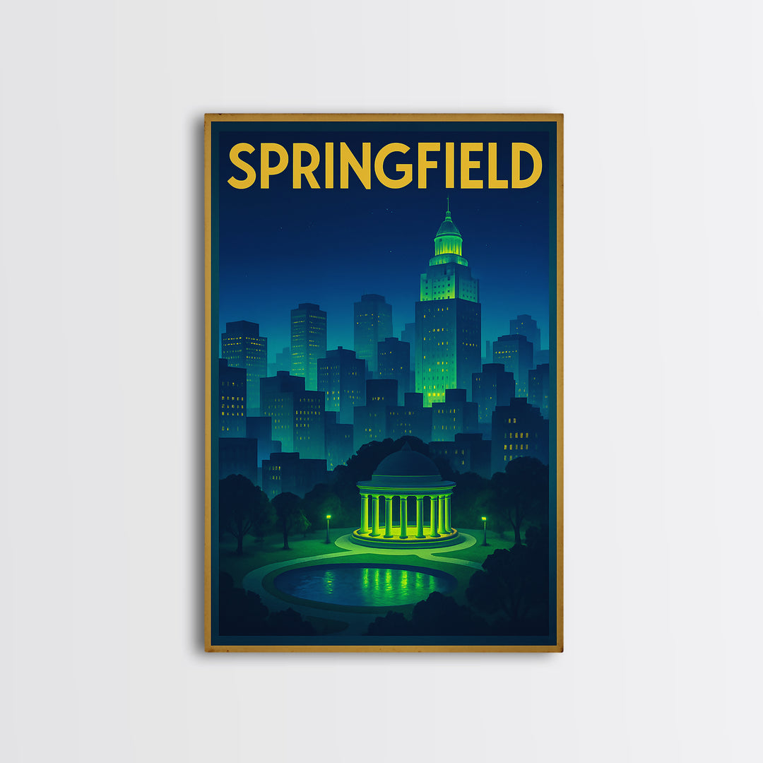 Springfield Travel Poster, Canvas Print, Electric Night Poster Art, Springfield Poster Print, Wanderlust Decor, Travel Art Print