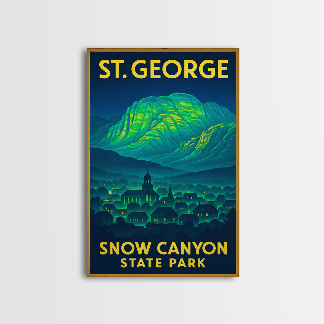 St George Travel Poster, Framed Canvas Print, Cyberpunk Style City Art, St George Art Print, Mid Century Wall Art, Gift For Travelers