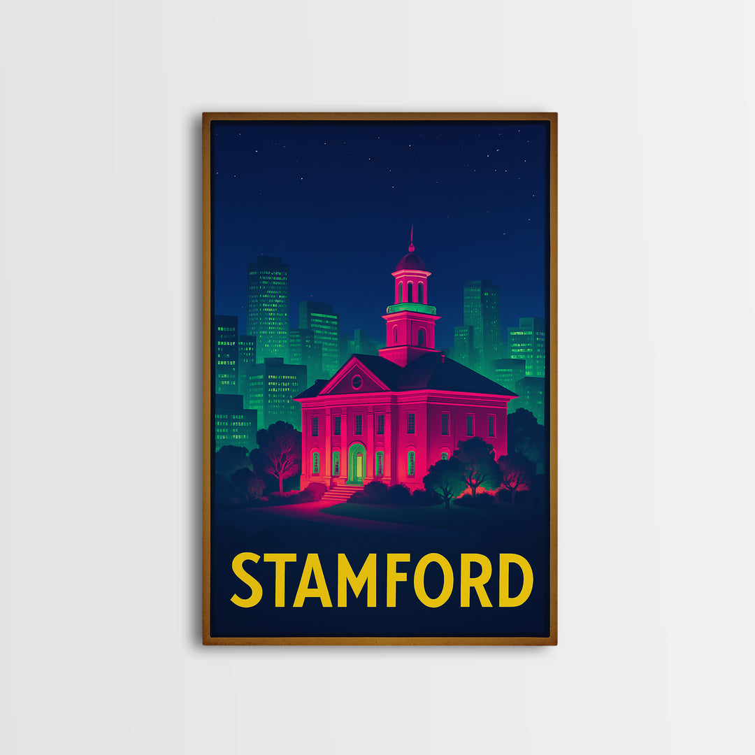 Stamford Connecticut Travel Poster, Canvas Print, Neon City Skyline Wall Art, Stamford Print, Travel Wall Art, Travel Print, Retro Poster