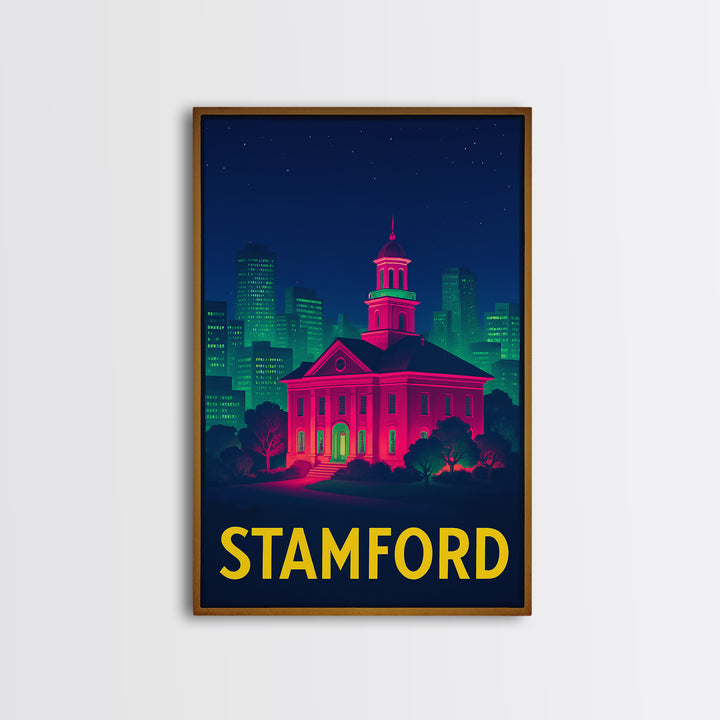 Stamford Connecticut Travel Poster, Canvas Print, Neon City Skyline Wall Art, Stamford Print, Travel Wall Art, Travel Print, Retro Poster