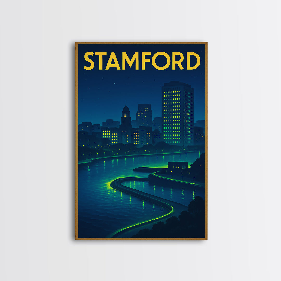 Stamford Travel Poster, Framed Canvas Print, Electric Night Poster Art, Stamford Travel Art, Travel Wall Decor, Travel Wall Art