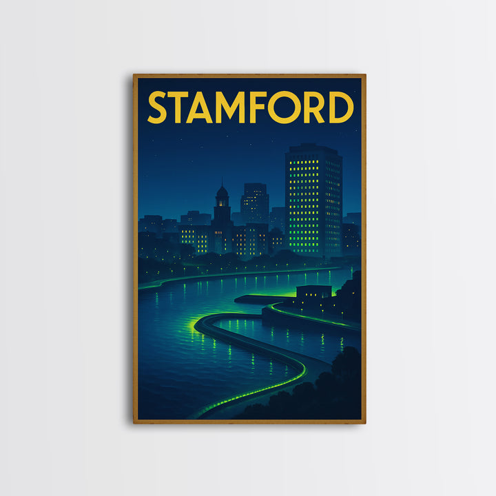 Stamford Travel Poster, Framed Canvas Print, Electric Night Poster Art, Stamford Travel Art, Travel Wall Decor, Travel Wall Art