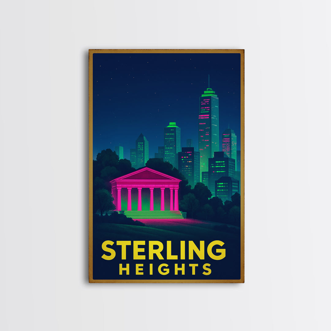 Sterling Heights Michigan Travel Poster, Canvas Print, Electric Night Poster Art, Sterling Heights Art Print, Retro Travel Print, Wall Decor