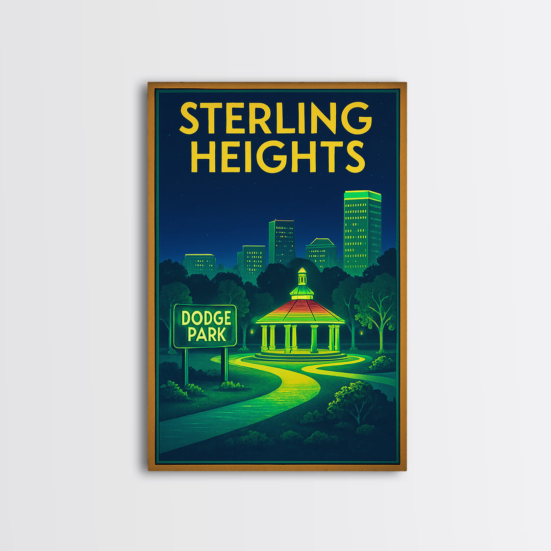 Sterling Heights Travel Poster, Framed Canvas Print, Neon City Skyline Wall Art, Sterling Heights Poster Print, City Illustration