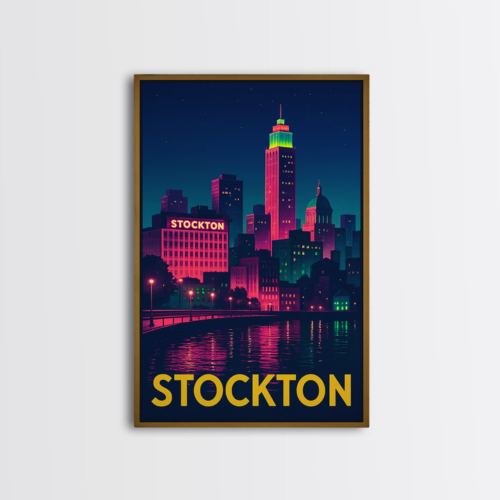 Stockton California Travel Poster, Canvas Print, Neon Skyline Art Wall Art, Stockton Art Print, Vintage City Art, Poster Art