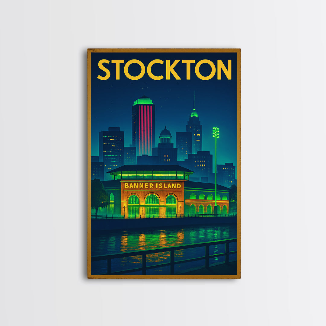 Stockton Travel Poster, Framed Canvas Print, Neon City Skyline Wall Art, Stockton Poster Print, Vintage City Art, Vintage Travel Art