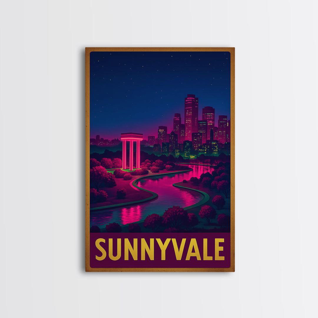 Sunnyvale California Travel Poster, Canvas Print, Neon Downtown Skyline Wall Art, Sunnyvale Art Print, Home Office Decor, Retro Travel Print